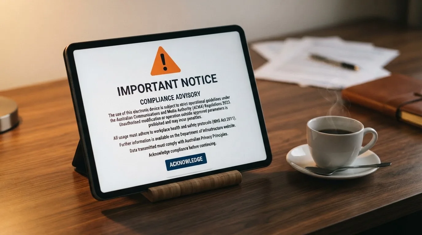 A tablet screen displaying an official regulator warning notice on a desk beside a coffee cup.