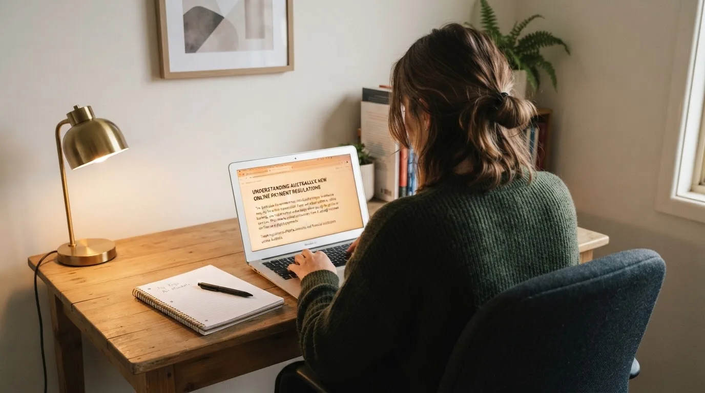 A person at a laptop reading a plain-language explainer article at a home desk.