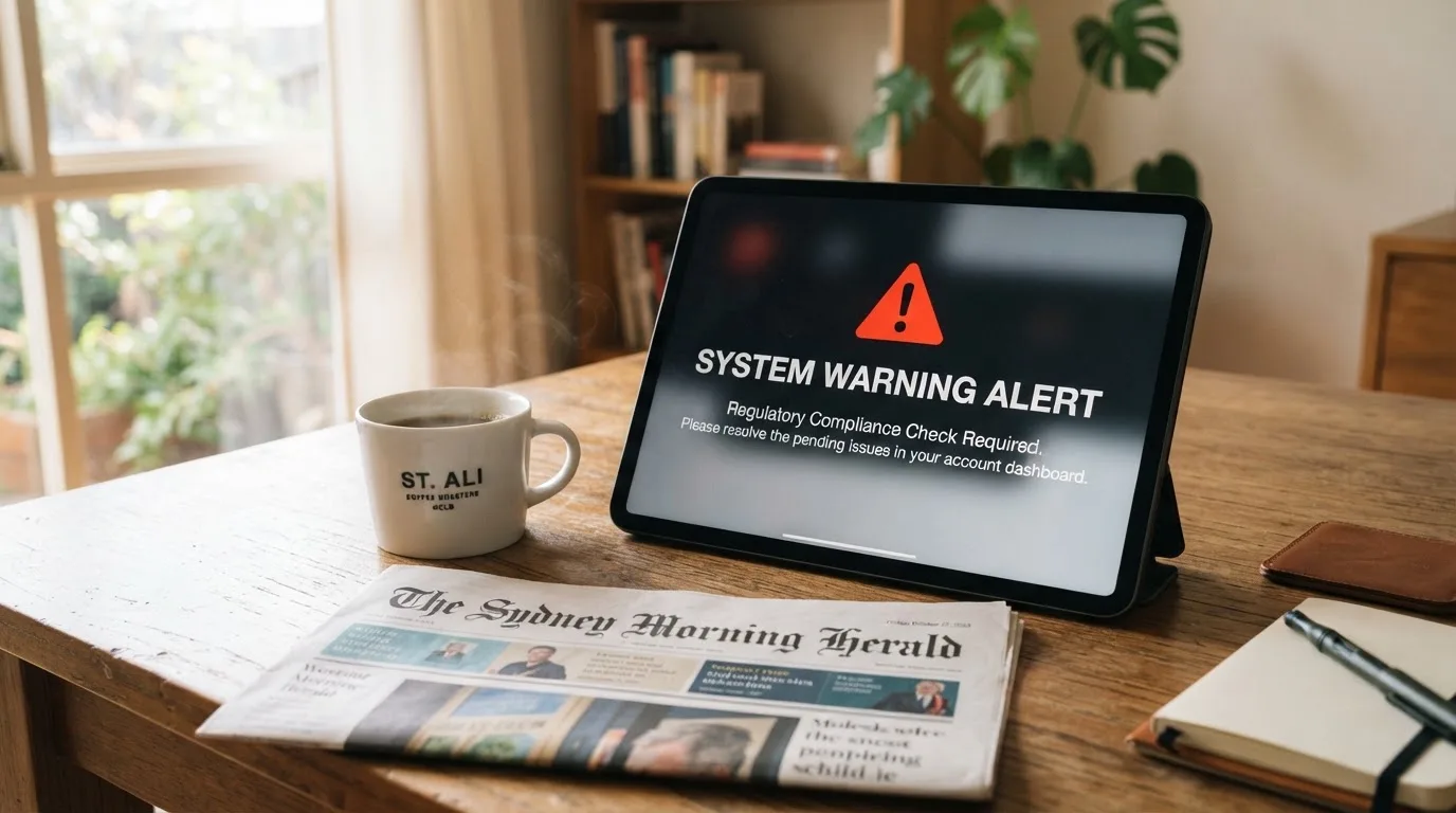 A tablet screen displaying an official regulator warning notice on a desk beside a coffee cup.