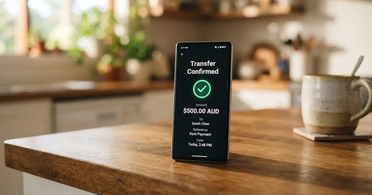 A close-up of a banking app on a smartphone showing a same-day transfer confirmation on a kitchen table.