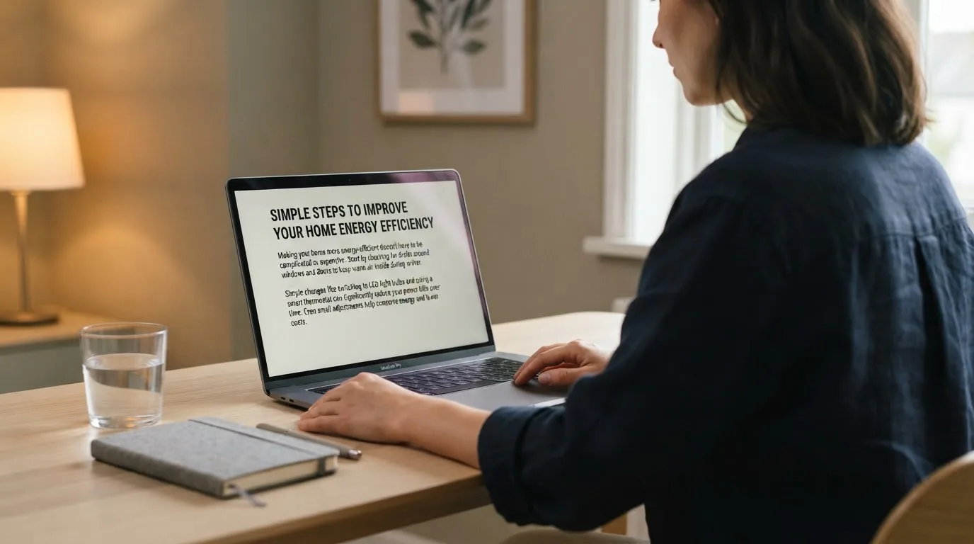 A person at a laptop reading a plain-language explainer article at a home desk.
