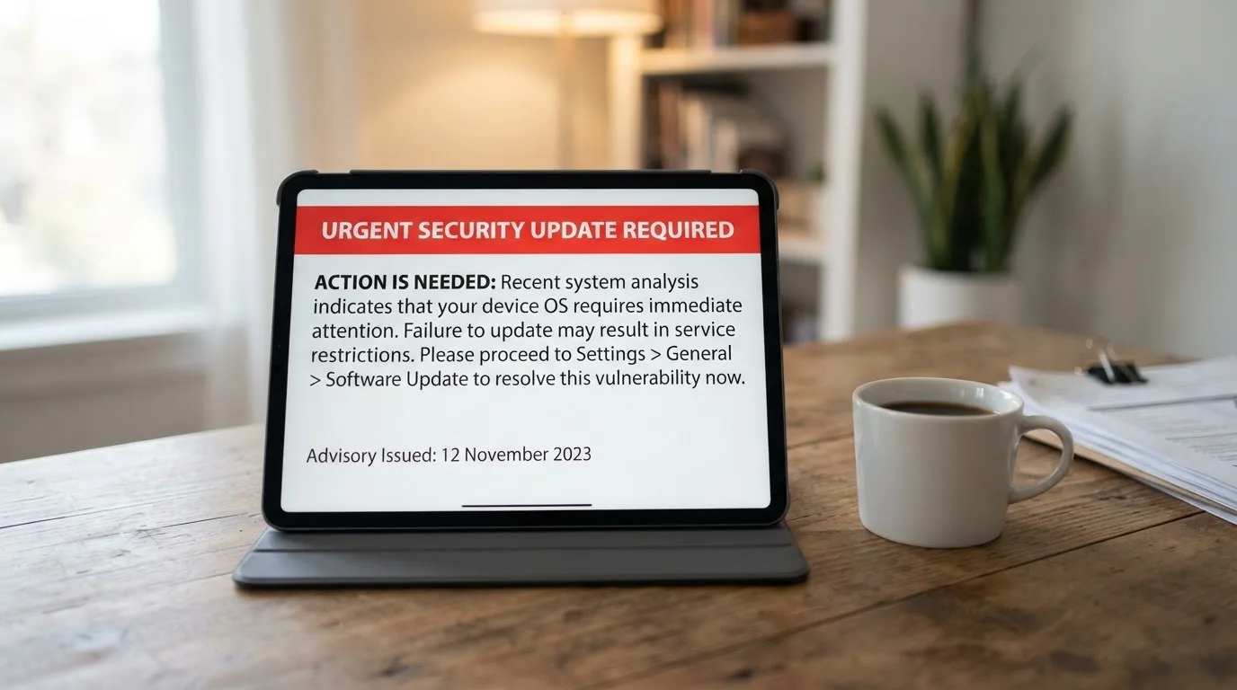 A tablet screen displaying an official regulator warning notice on a desk beside a coffee cup.