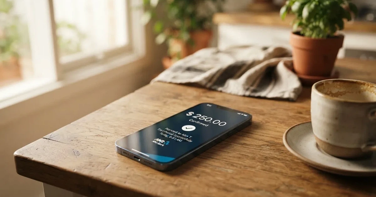 A close-up of a banking app on a smartphone showing a same-day transfer confirmation on a kitchen table.