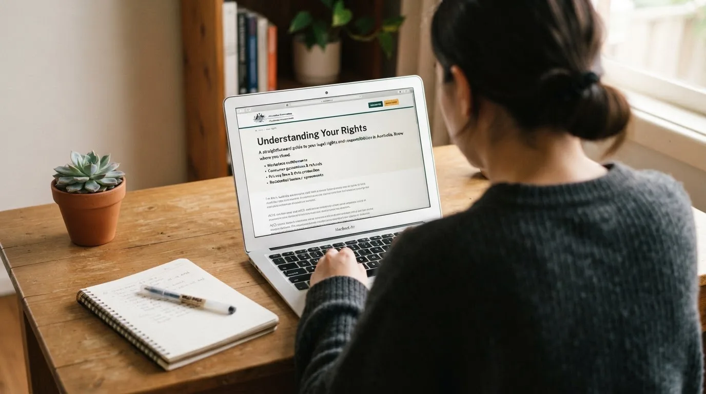A person at a laptop reading a plain-language explainer article at a home desk.