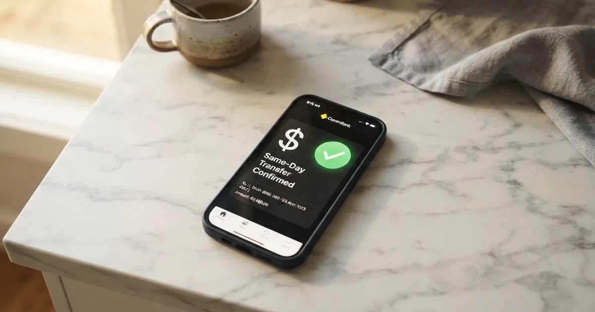 A close-up of a banking app on a smartphone showing a same-day transfer confirmation on a kitchen table.
