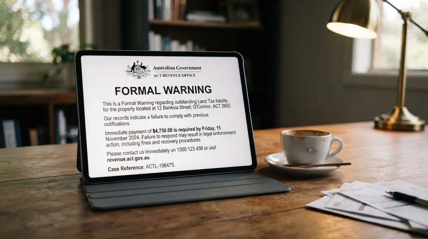 A tablet screen displaying an official regulator warning notice on a desk beside a coffee cup.