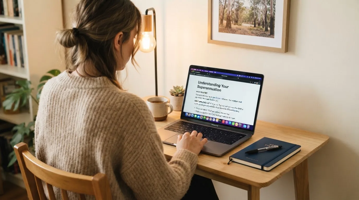 A person at a laptop reading a plain-language explainer article at a home desk.
