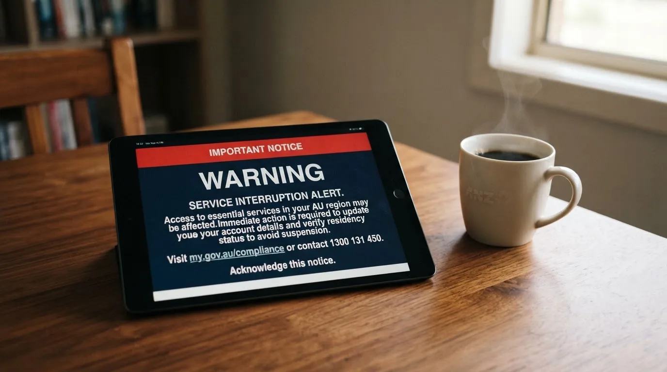 A tablet screen displaying an official regulator warning notice on a desk beside a coffee cup.