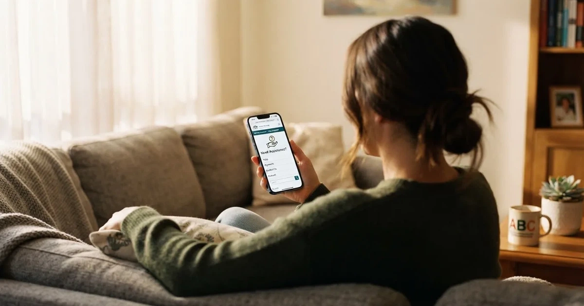A person looking at a support helpline page on a phone while sitting on a couch.