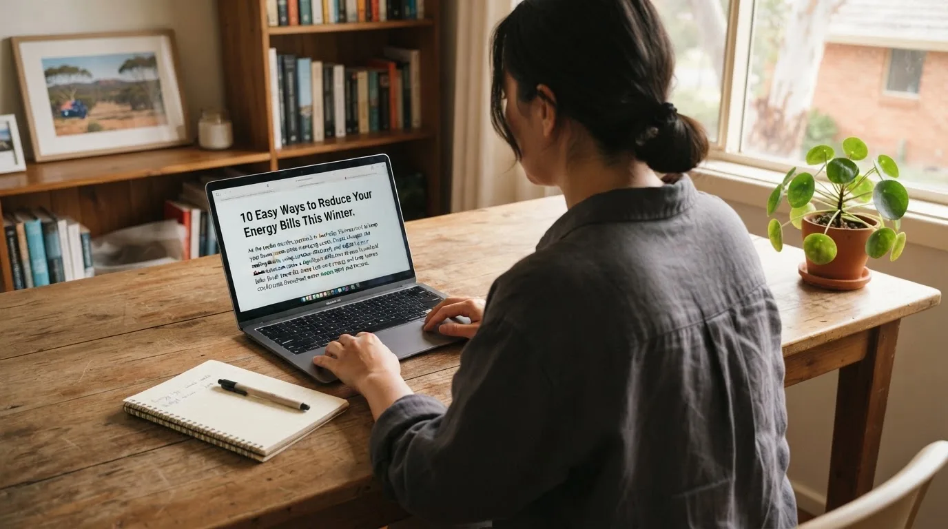 A person at a laptop reading a plain-language explainer article at a home desk.