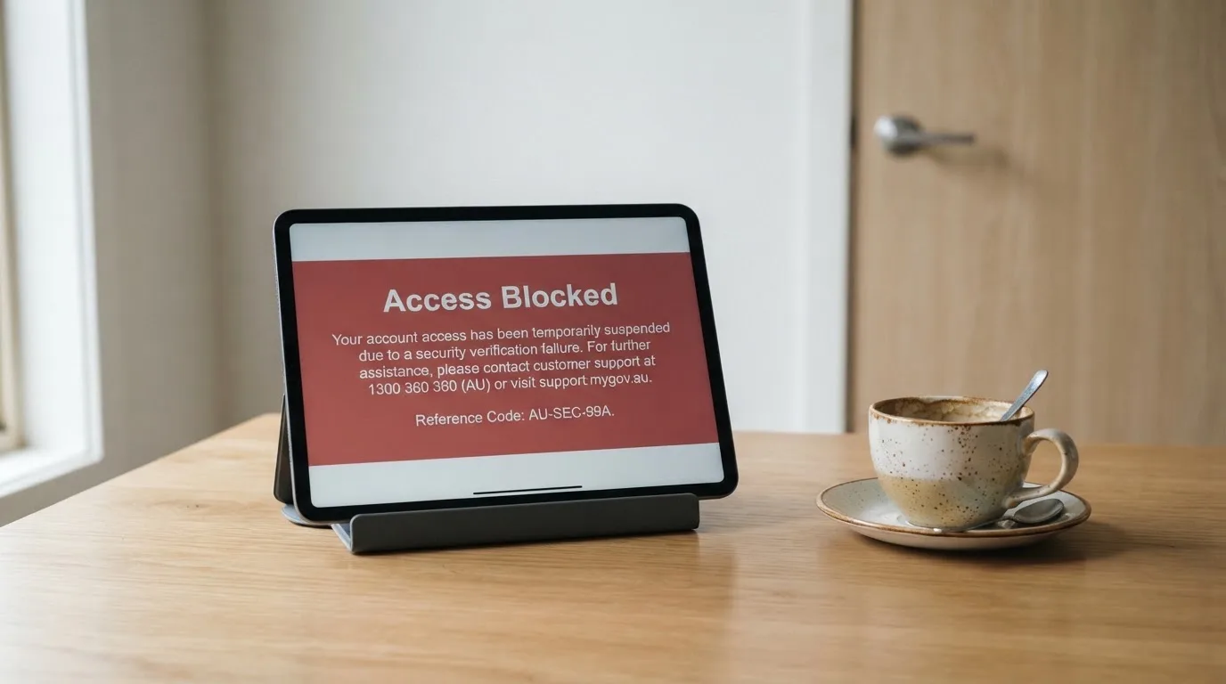 A tablet screen displaying an official regulator warning notice on a desk beside a coffee cup.
