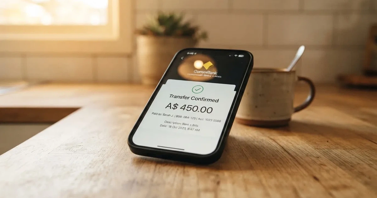 A close-up of a banking app on a smartphone showing a same-day transfer confirmation on a kitchen table.