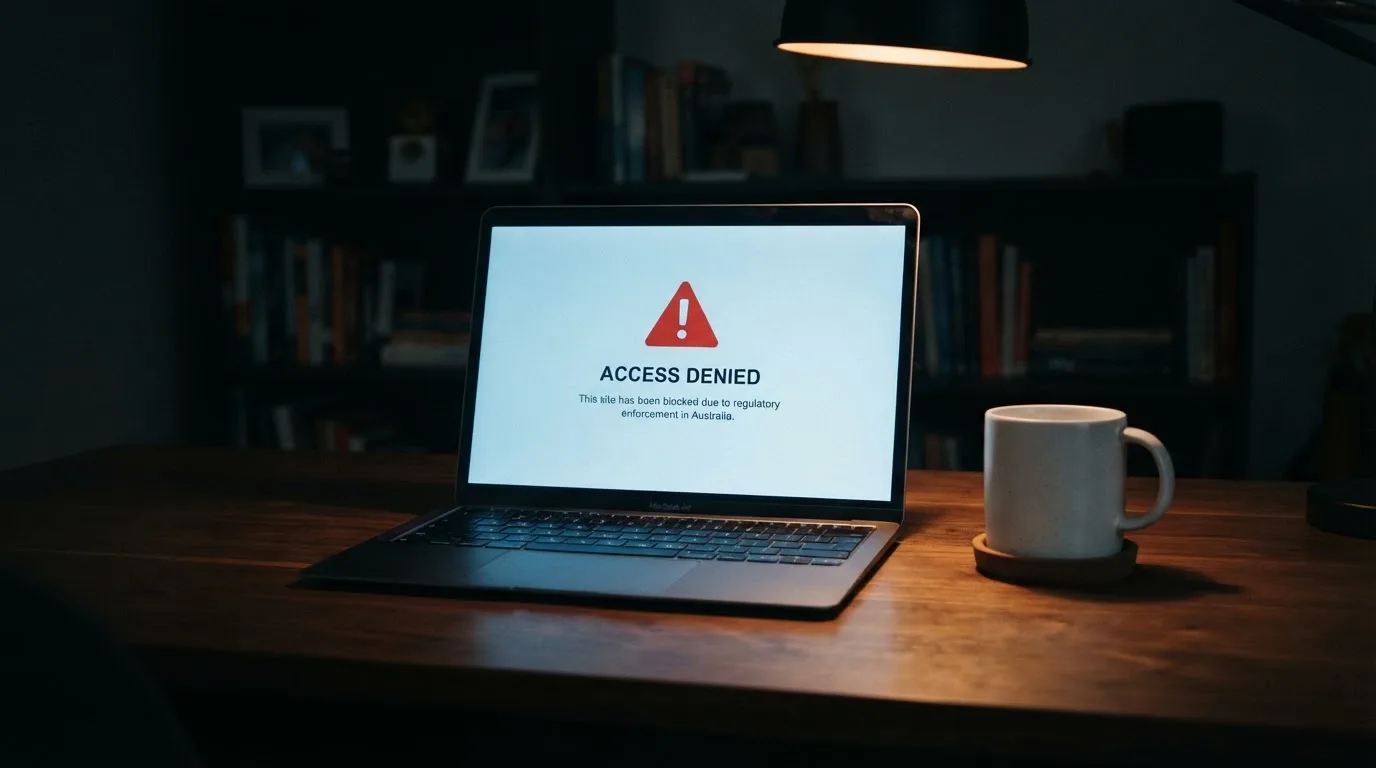 A printed government warning notice on a desk beside a laptop with a red alert icon on the screen.