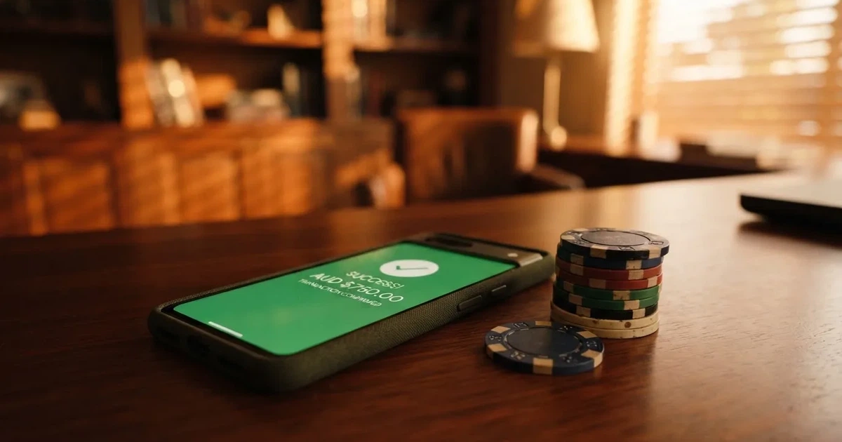 A phone displaying a bank transfer confirmation screen next to a stack of Australian dollar notes.