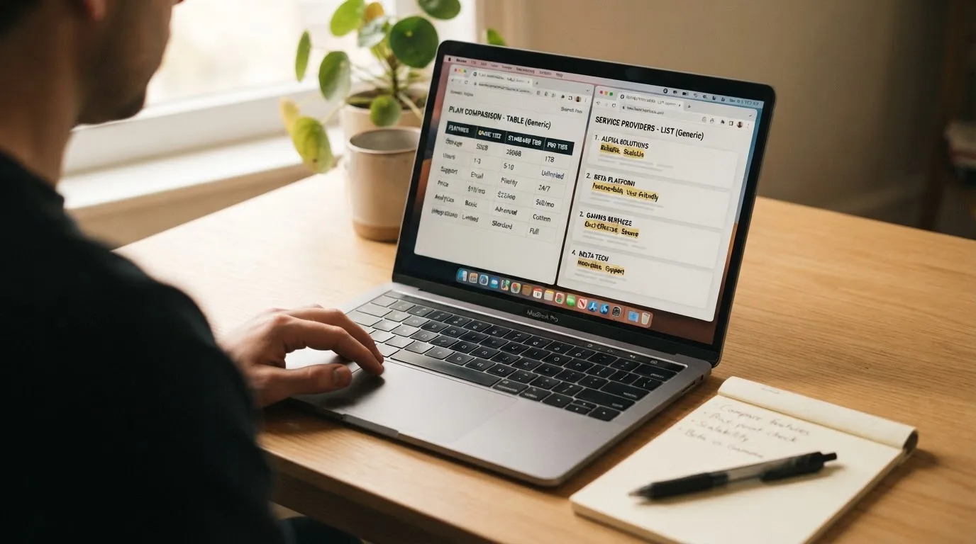 A laptop screen split between two browser tabs, one showing a comparison table and the other a search results page.
