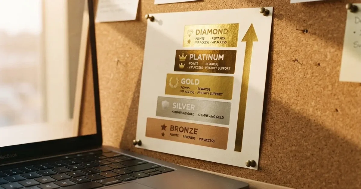 A gold-coloured tier chart pinned to a corkboard next to a laptop keyboard.