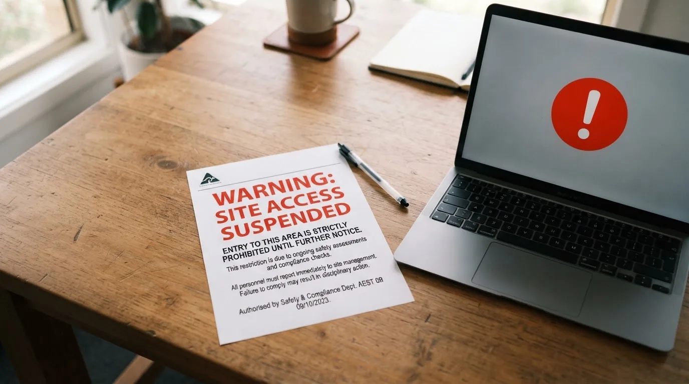 A printed government warning notice on a desk beside a laptop with a red alert icon on the screen.