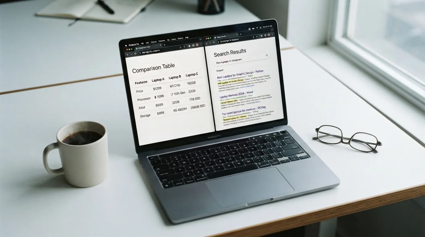 A laptop screen split between two browser tabs, one showing a comparison table and the other a search results page.