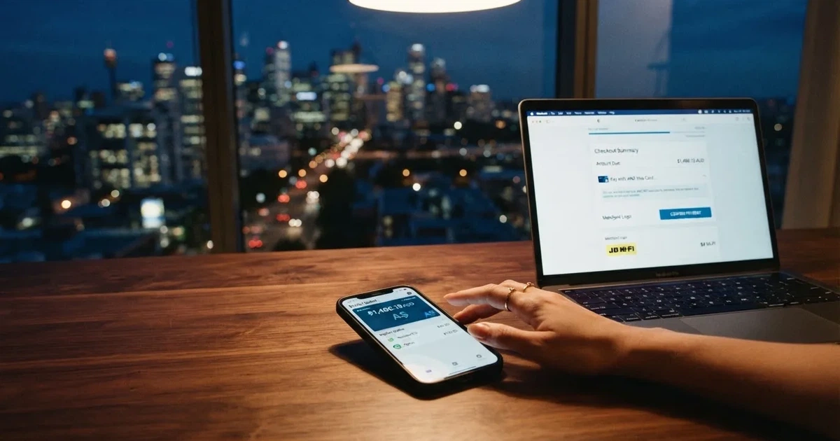 A smartphone screen showing a digital wallet balance next to a laptop cashier page.