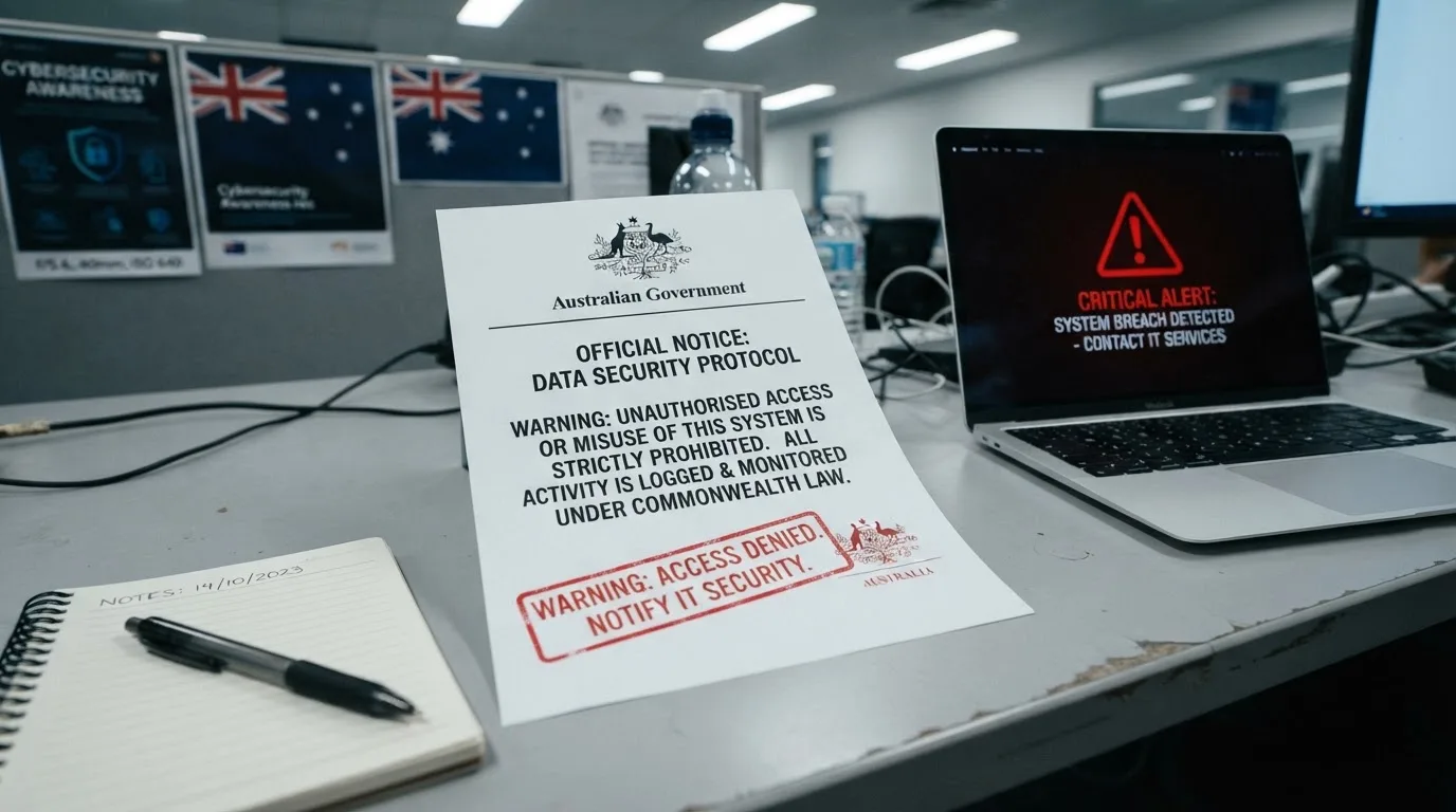 A printed government warning notice on a desk beside a laptop with a red alert icon on the screen.
