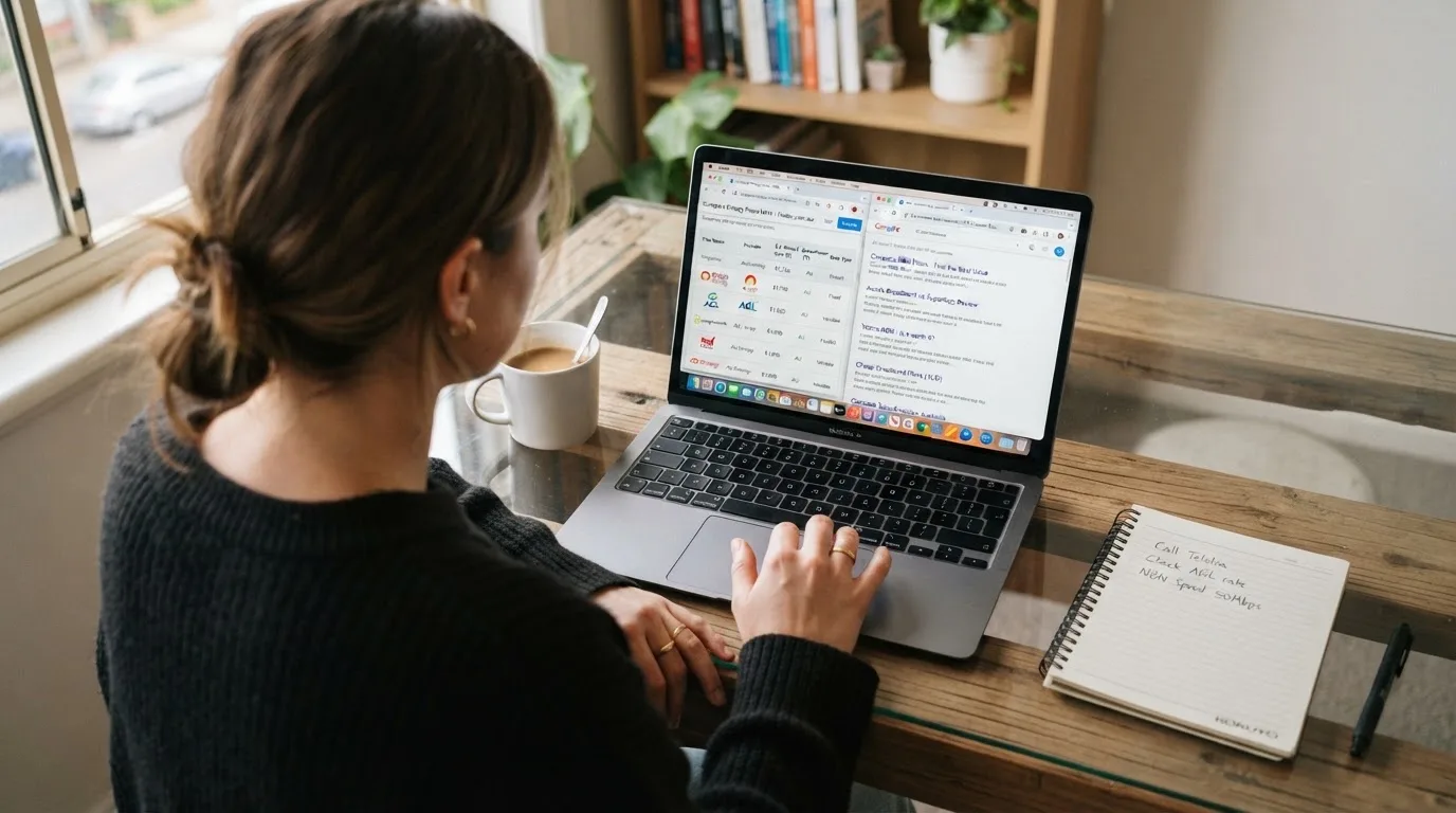 A laptop screen split between two browser tabs, one showing a comparison table and the other a search results page.