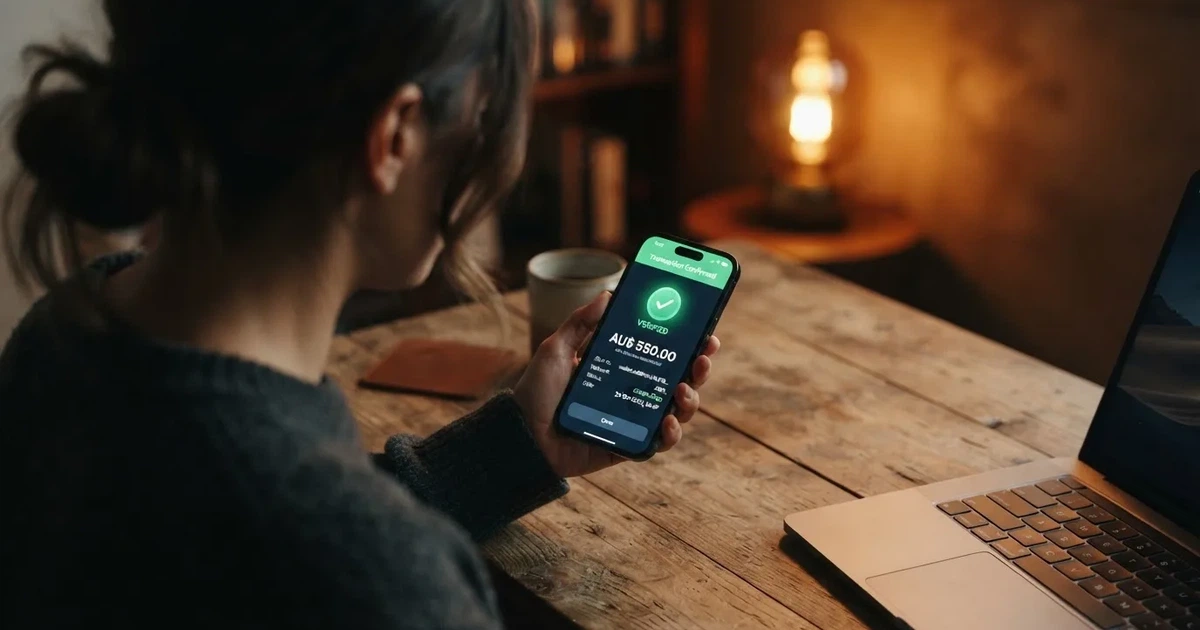 A phone displaying a blockchain transaction confirmation screen next to a laptop keyboard.