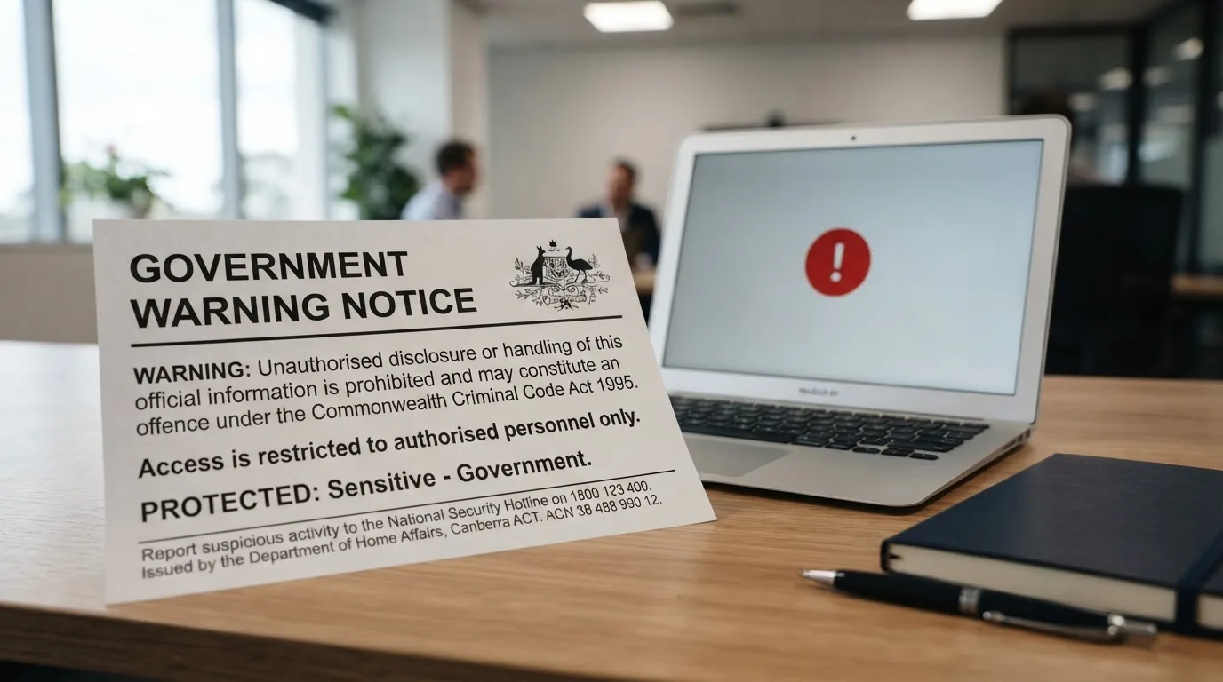 A printed government warning notice on a desk beside a laptop with a red alert icon on the screen.