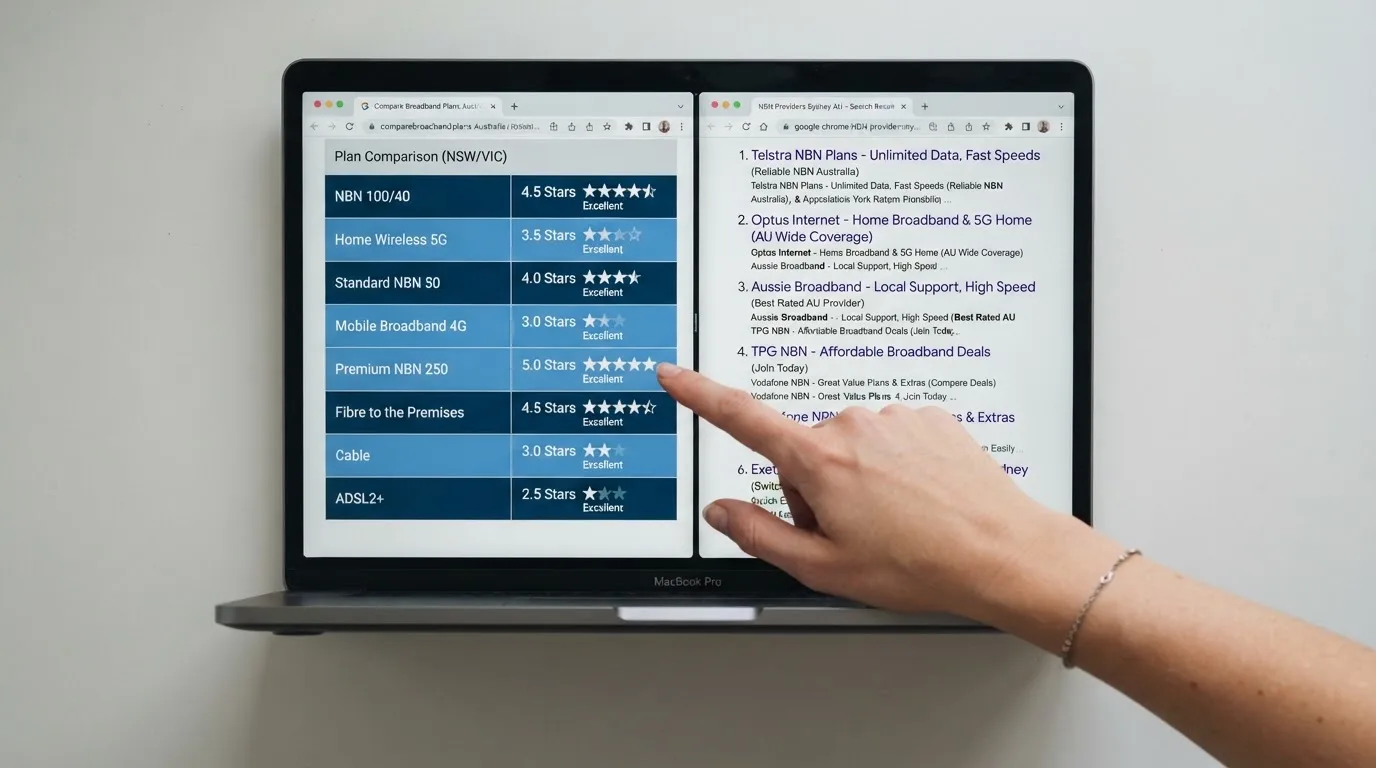 A laptop screen split between two browser tabs, one showing a comparison table and the other a search results page.