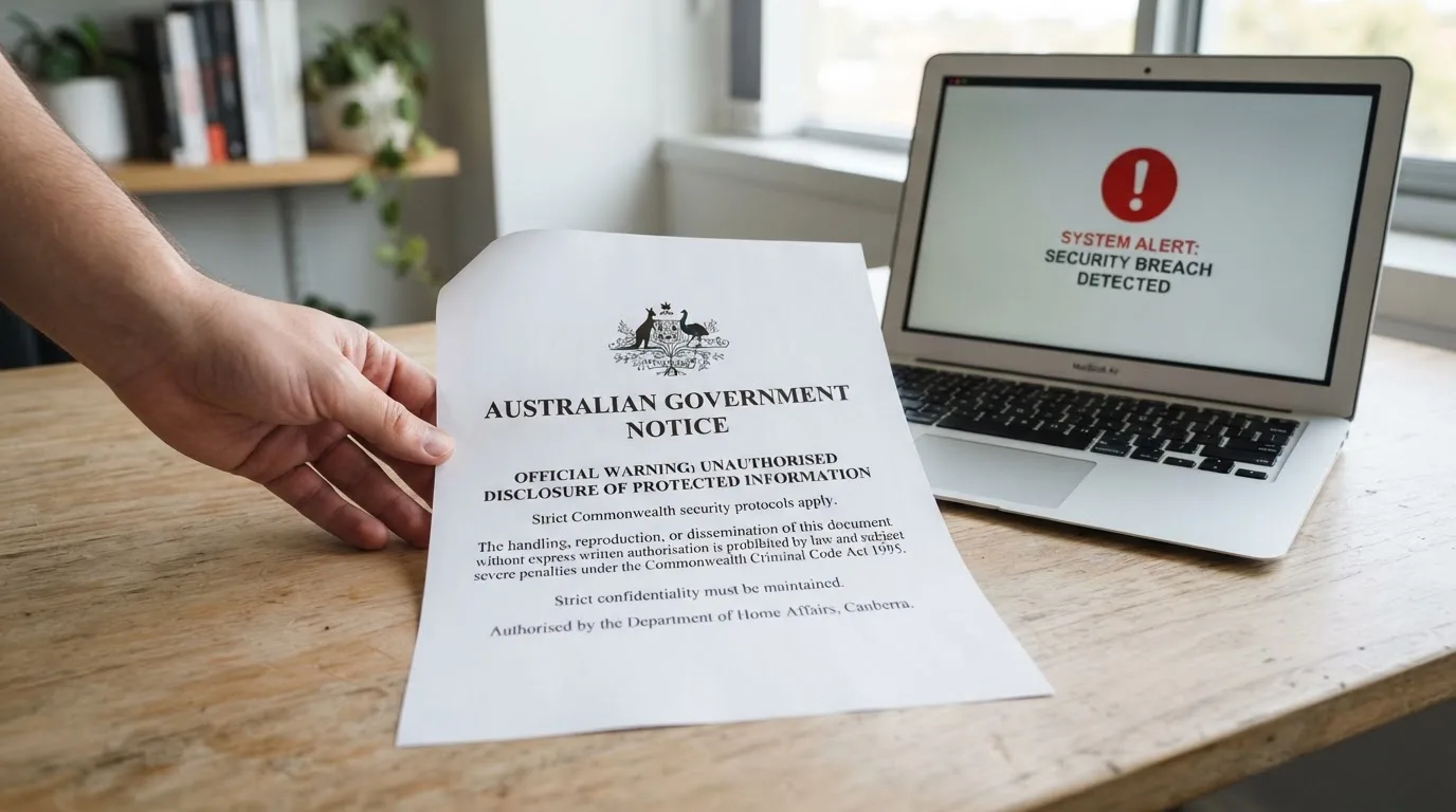 A printed government warning notice on a desk beside a laptop with a red alert icon on the screen.
