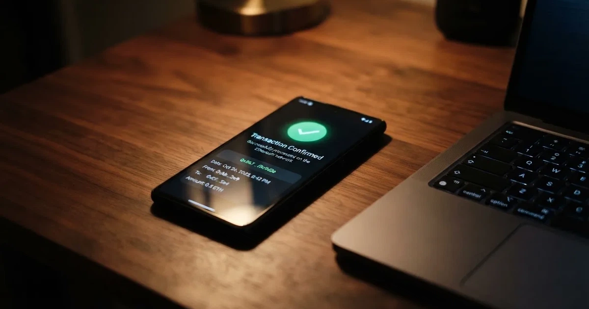 A phone displaying a blockchain transaction confirmation screen next to a laptop keyboard.