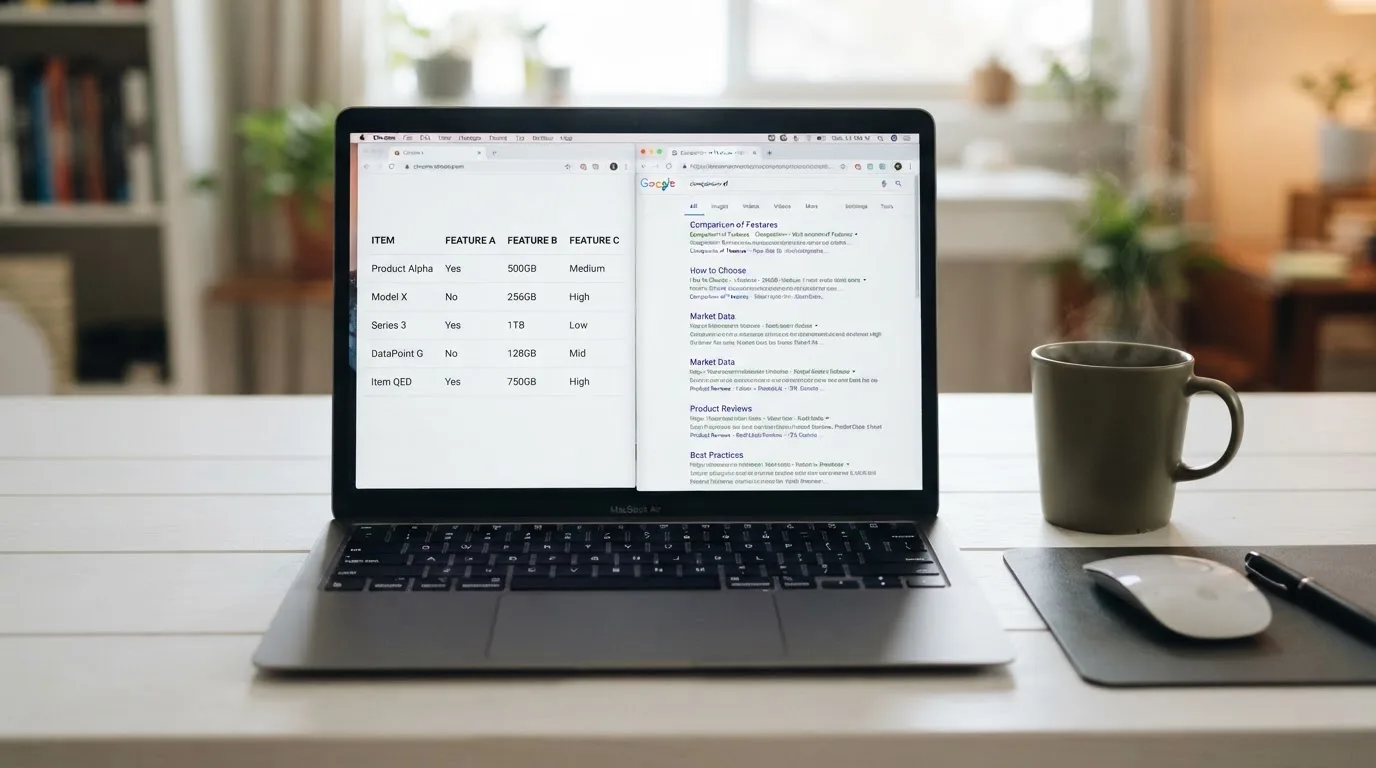 A laptop screen split between two browser tabs, one showing a comparison table and the other a search results page.