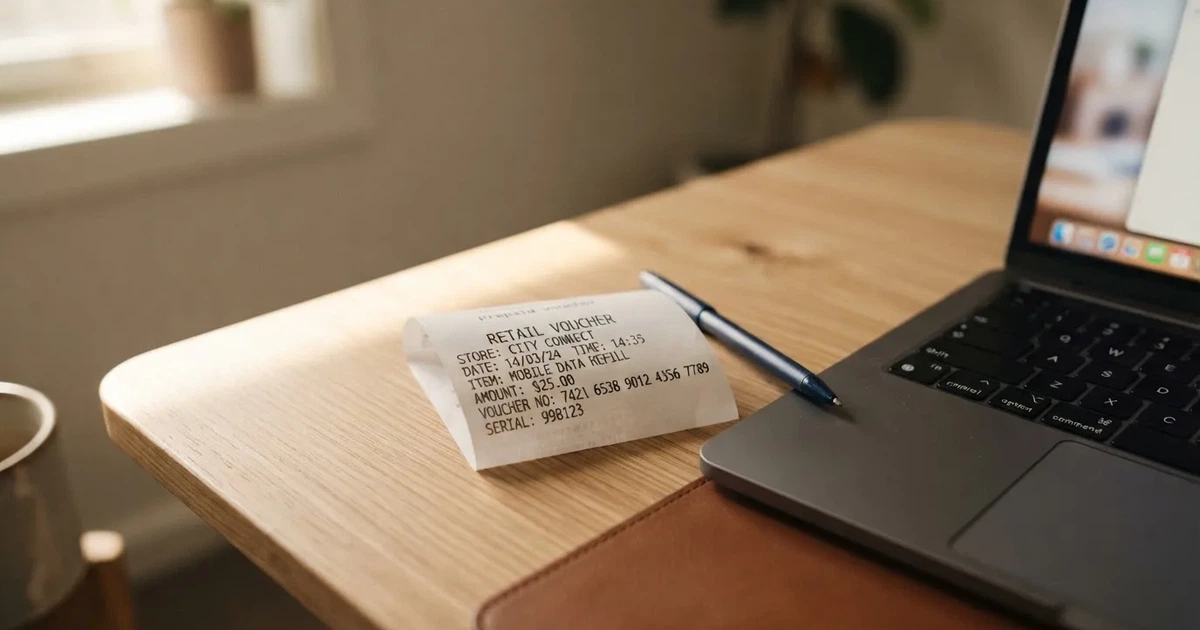 A printed prepaid voucher receipt lying beside a laptop keyboard.