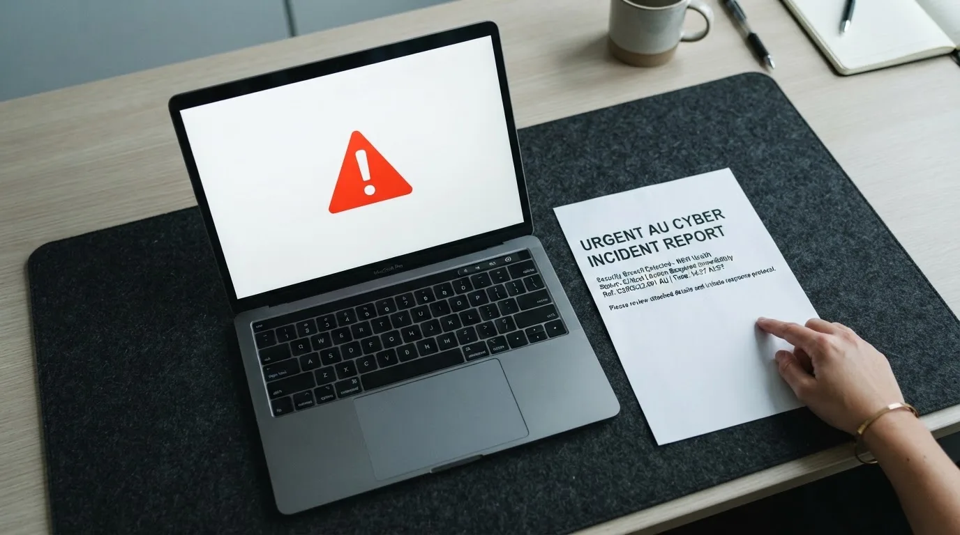A printed government warning notice on a desk beside a laptop with a red alert icon on the screen.