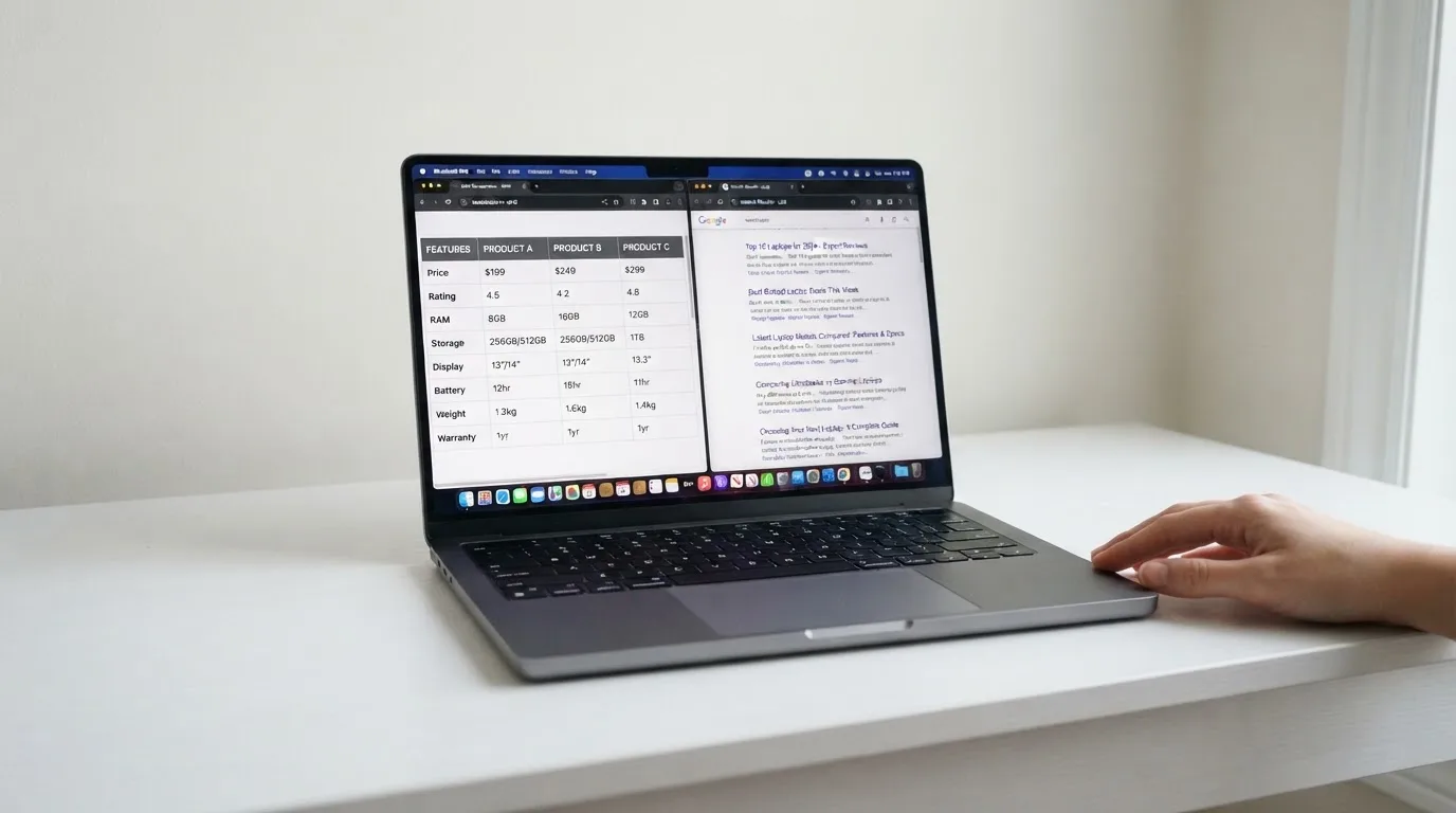 A laptop screen split between two browser tabs, one showing a comparison table and the other a search results page.