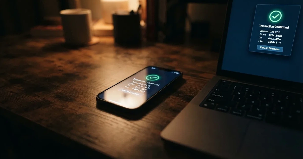 A phone displaying a blockchain transaction confirmation screen next to a laptop keyboard.