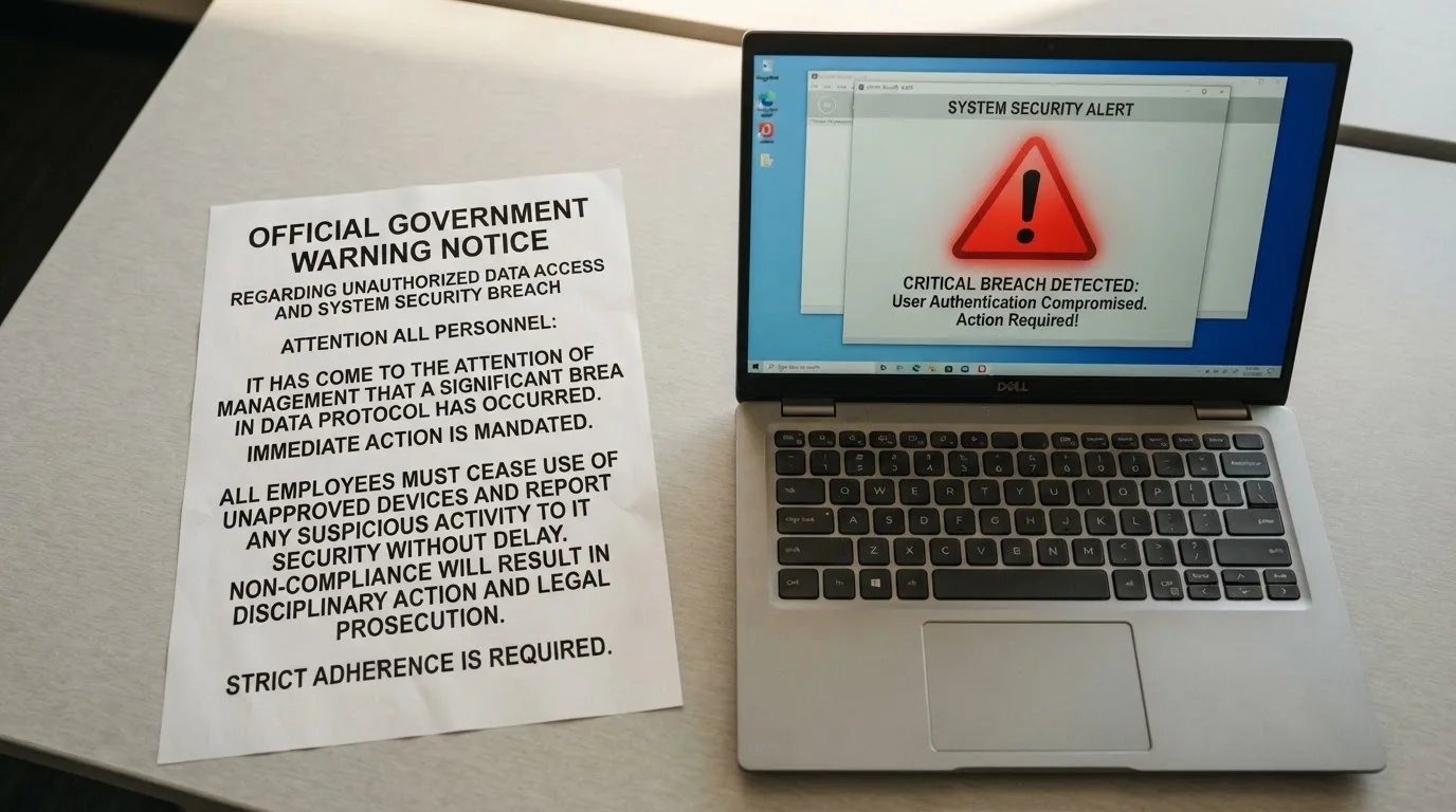 A printed government warning notice on a desk beside a laptop with a red alert icon on the screen.