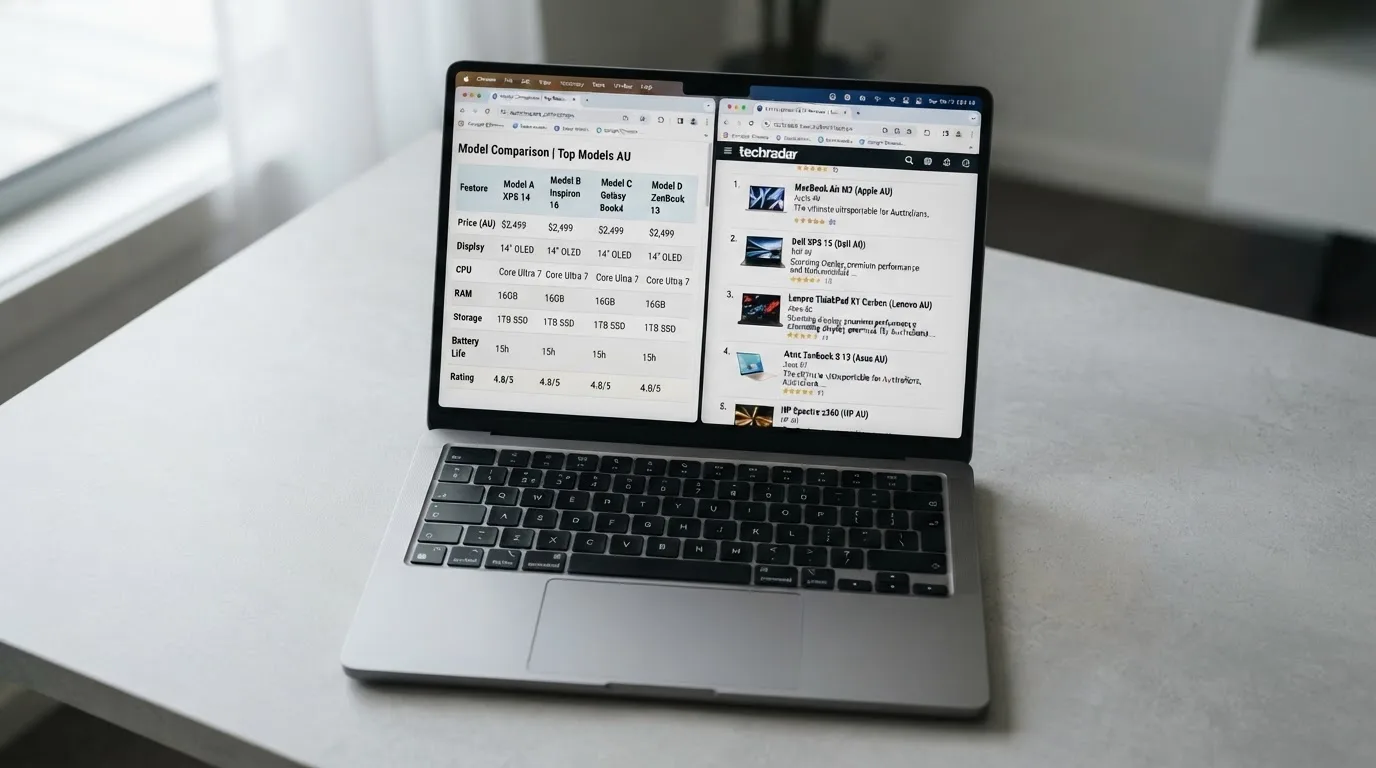 A laptop screen split between two browser tabs, one showing a comparison table and the other a search results page.