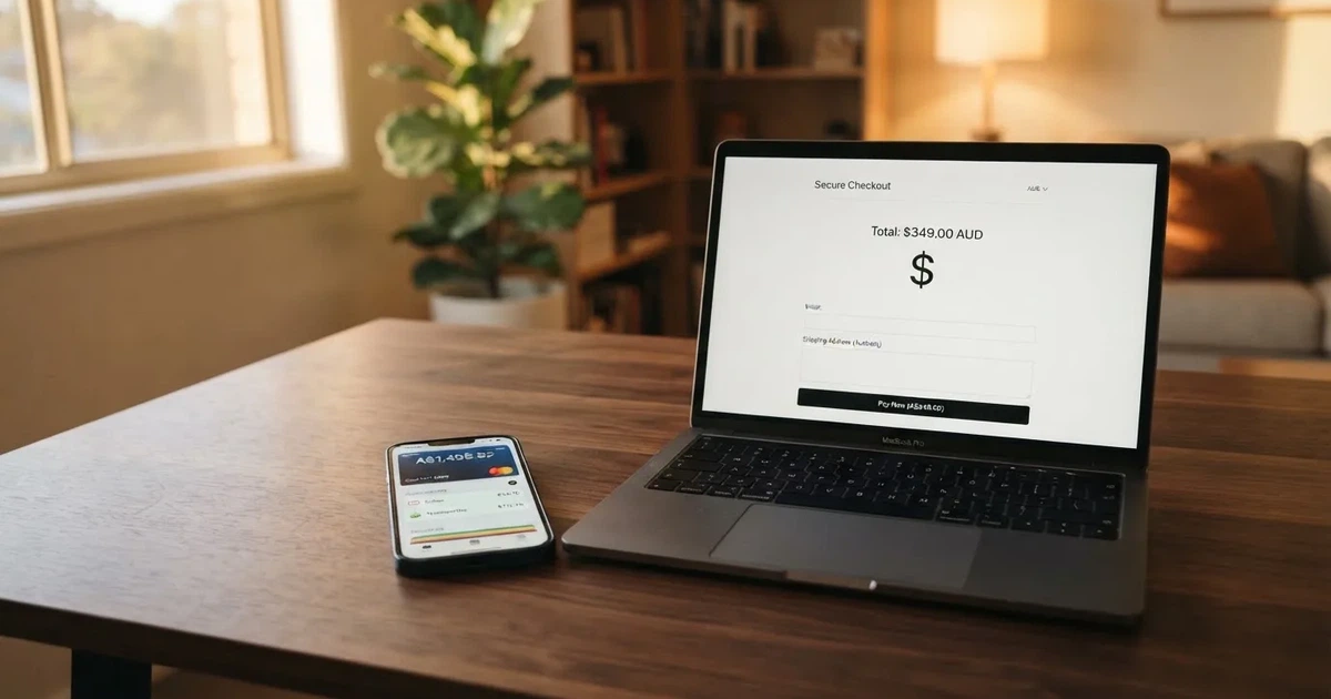 A smartphone screen showing a digital wallet balance next to a laptop cashier page.
