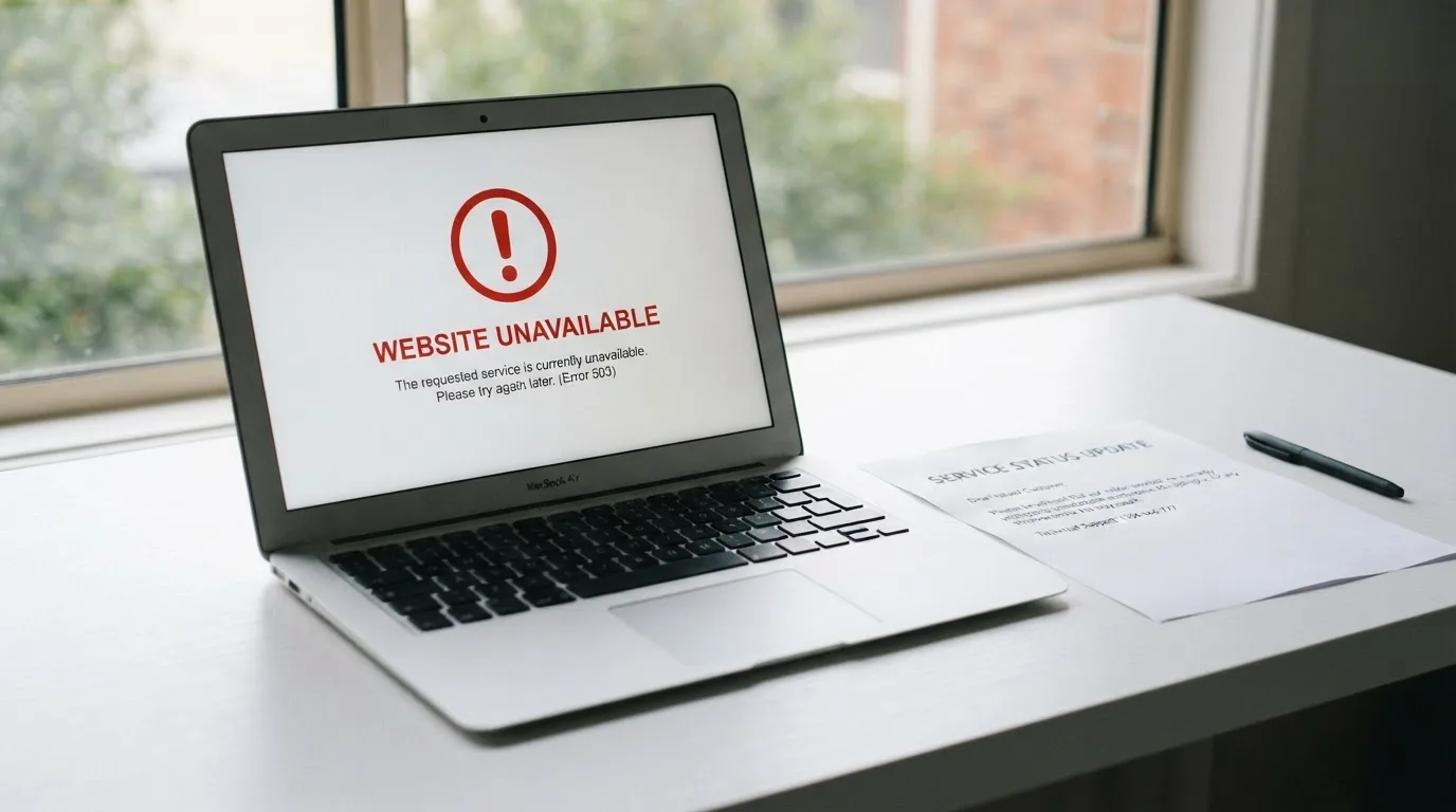 A printed government warning notice on a desk beside a laptop with a red alert icon on the screen.