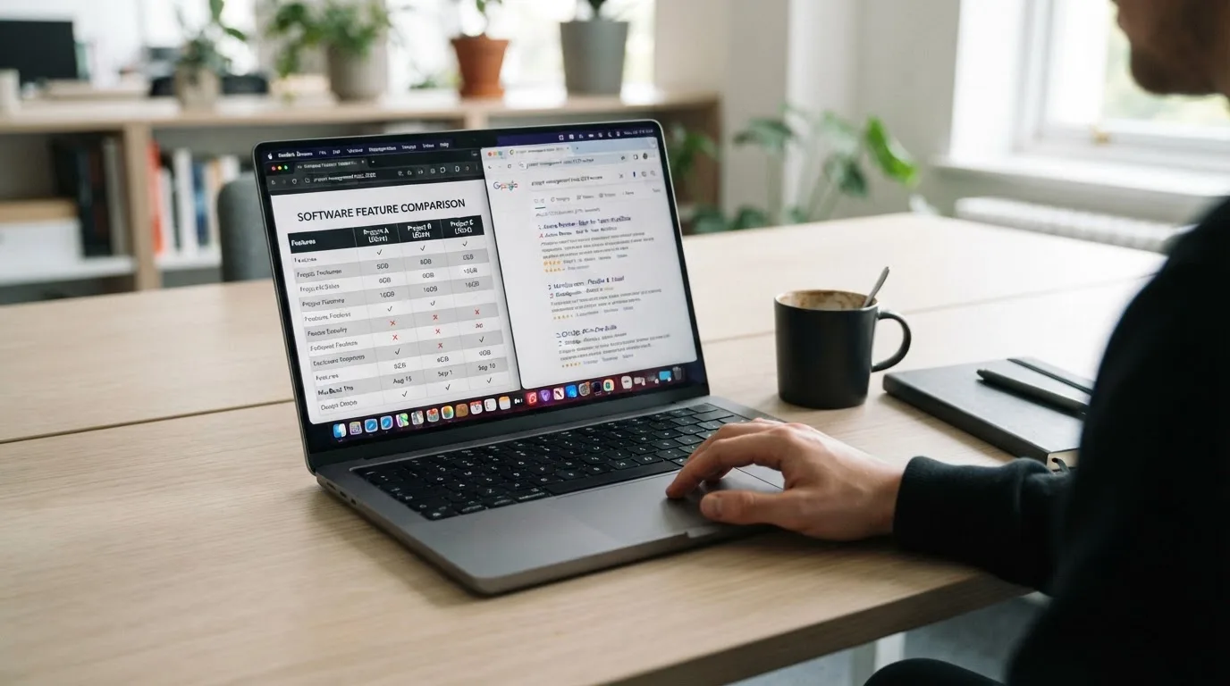 A laptop screen split between two browser tabs, one showing a comparison table and the other a search results page.