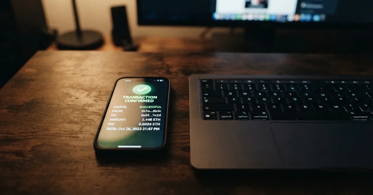 A phone displaying a blockchain transaction confirmation screen next to a laptop keyboard.