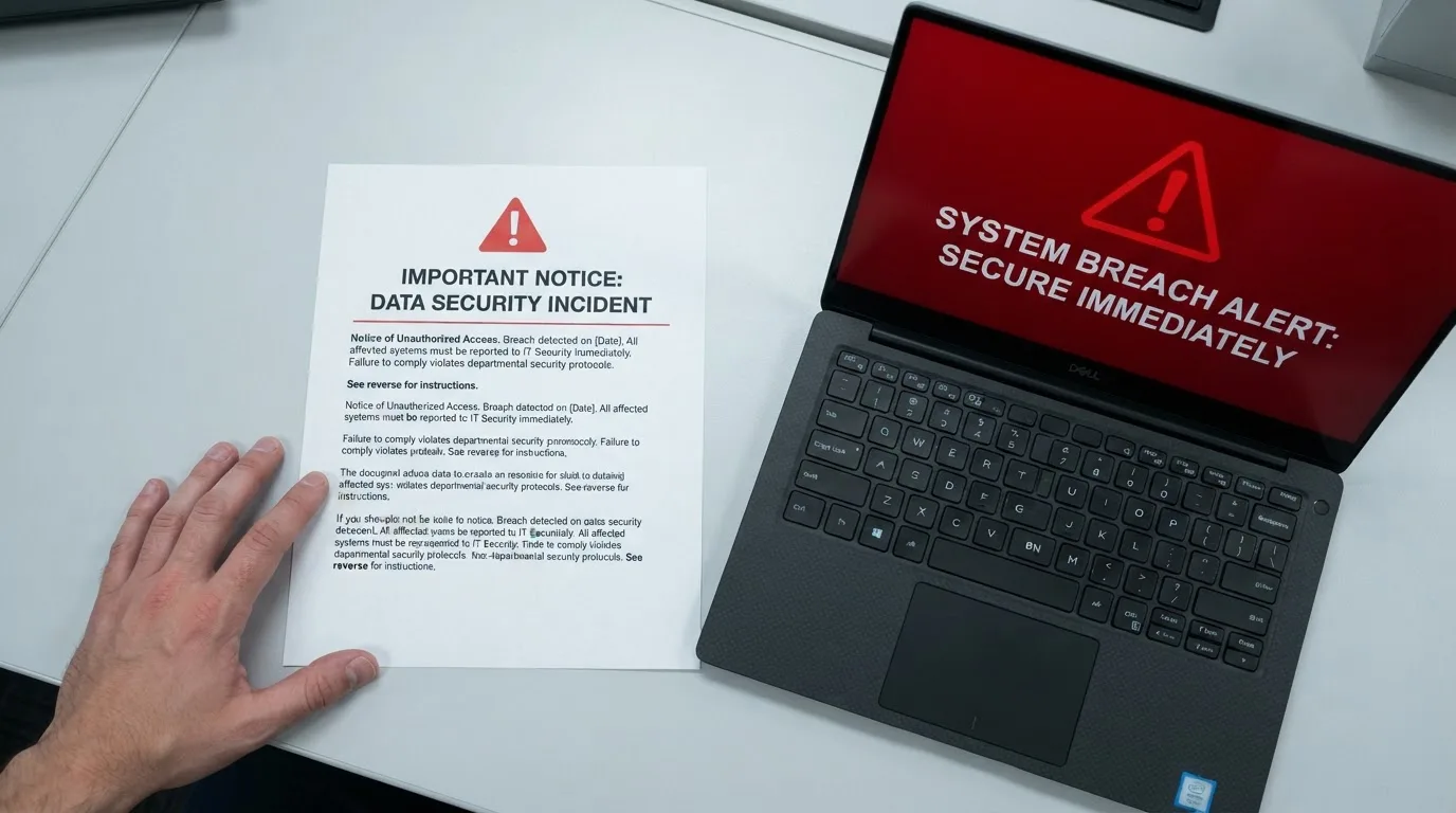 A printed government warning notice on a desk beside a laptop with a red alert icon on the screen.