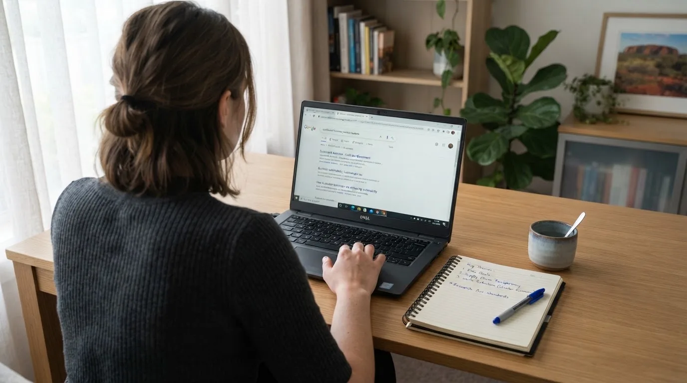 A laptop screen split between two browser tabs, one showing a comparison table and the other a search results page.