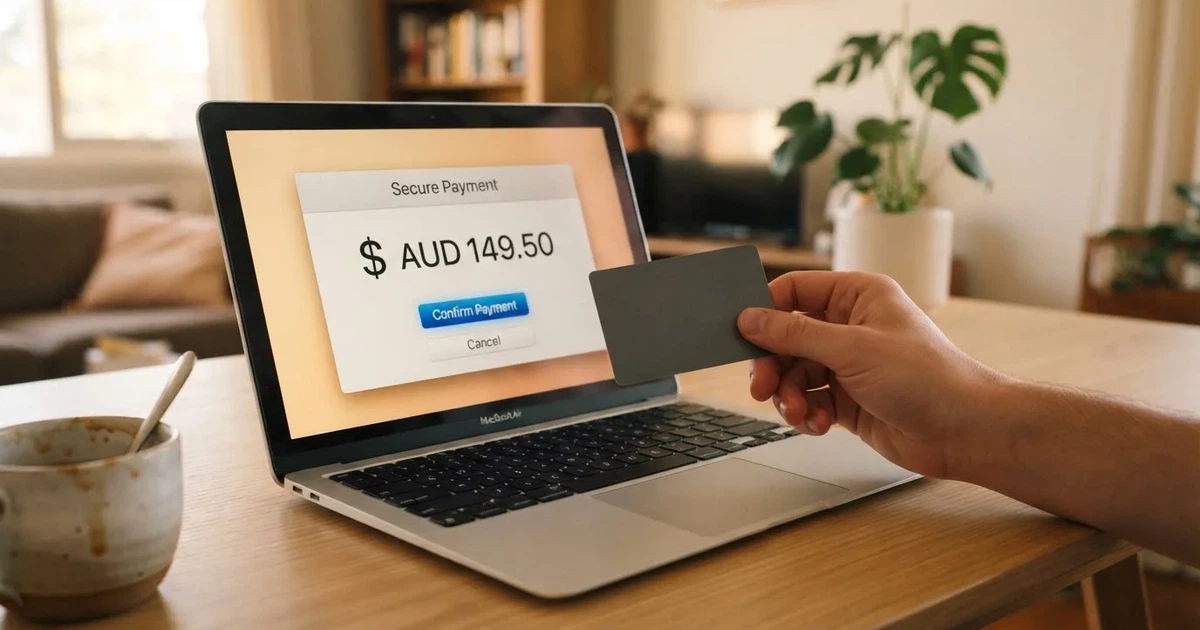 A hand holding a bank card next to a laptop showing an online payment form.