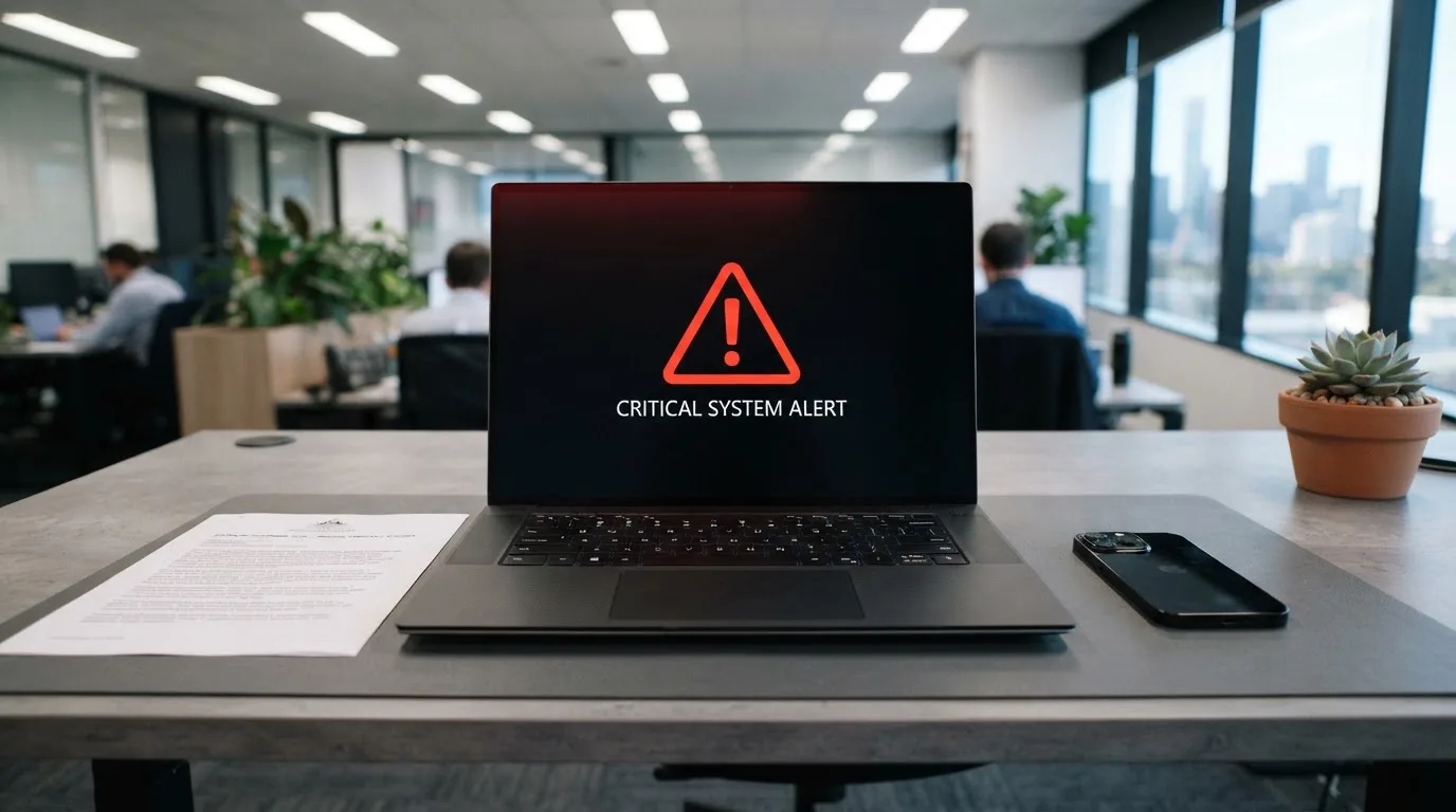 A printed government warning notice on a desk beside a laptop with a red alert icon on the screen.