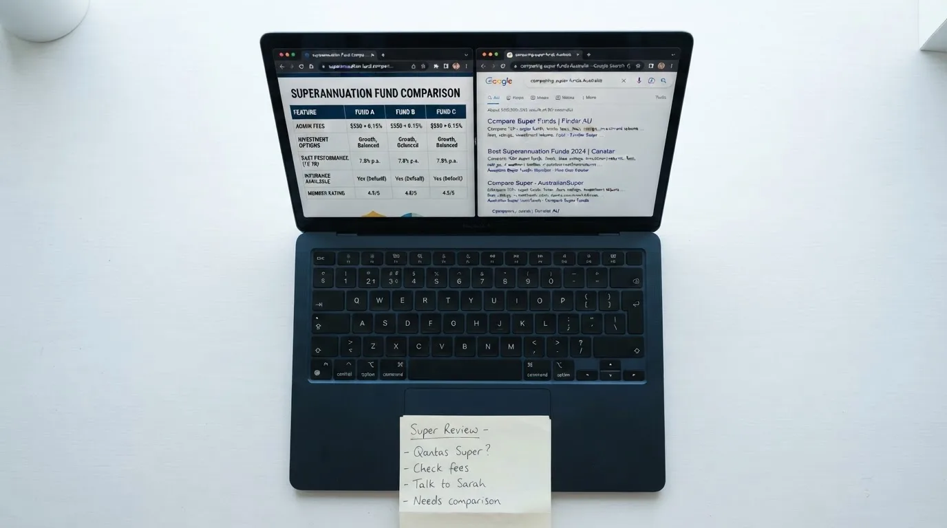 A laptop screen split between two browser tabs, one showing a comparison table and the other a search results page.