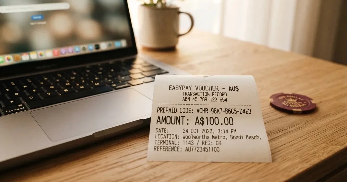 A printed prepaid voucher receipt lying beside a laptop keyboard.
