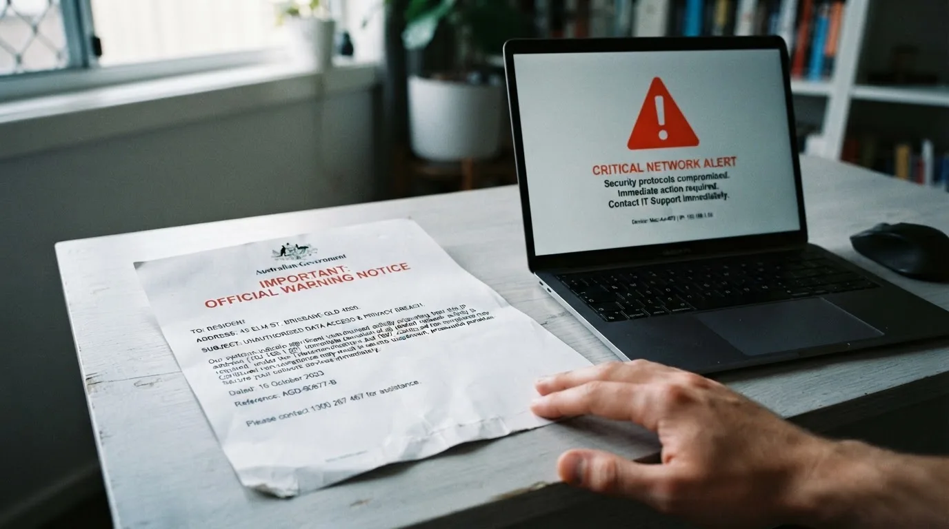 A printed government warning notice on a desk beside a laptop with a red alert icon on the screen.