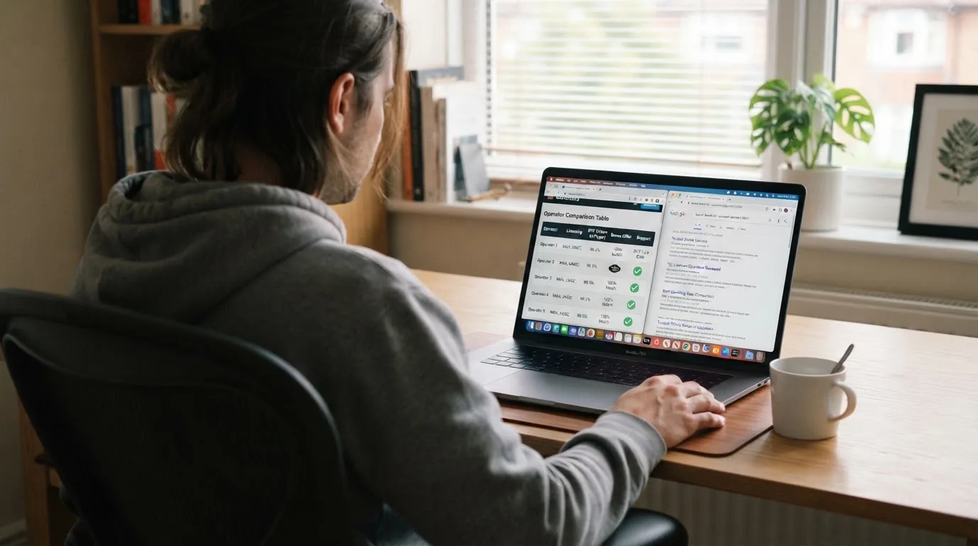 A laptop screen split between two browser tabs, one showing a comparison table and the other a search results page.