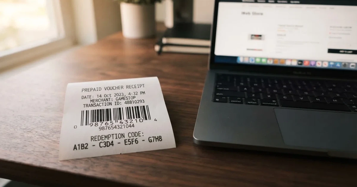 A printed prepaid voucher receipt lying beside a laptop keyboard.